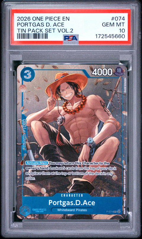 2026 ONE PIECE ONE PIECE PROMO PORTGAS D. ACE TIN PACK SET VOL.2 074 PSA 10