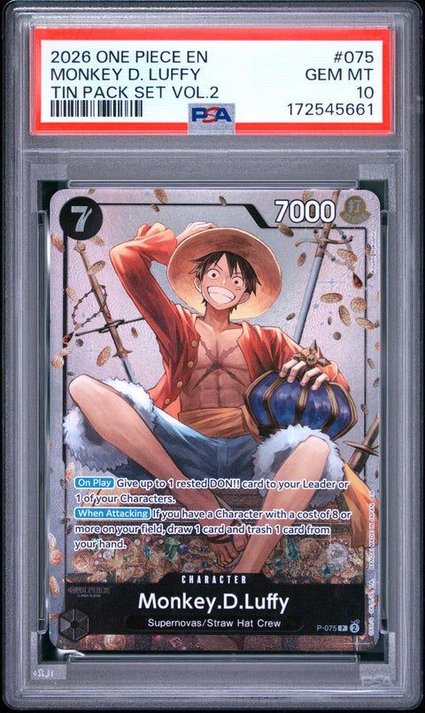 2026 ONE PIECE ONE PIECE PROMO MONKEY D. LUFFY TIN PACK SET VOL.2 075 PSA 10
