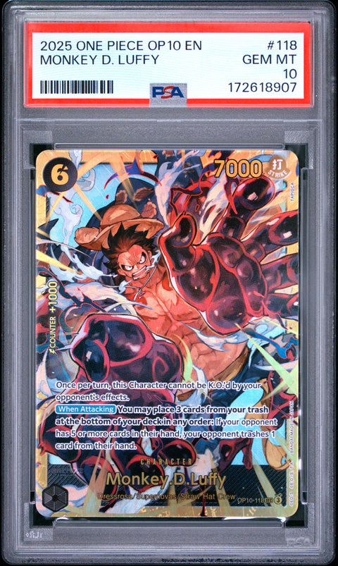 2025 ONE PIECE ONE PIECE OP10-ROYAL BLOOD MONKEY D. LUFFY 118 PSA 10