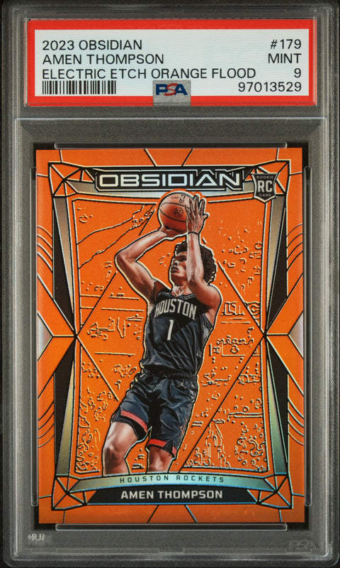 2023 PANINI PANINI OBSIDIAN AMEN THOMPSON ELECTRIC ETCH ORANGE FLOOD 179 PSA 9