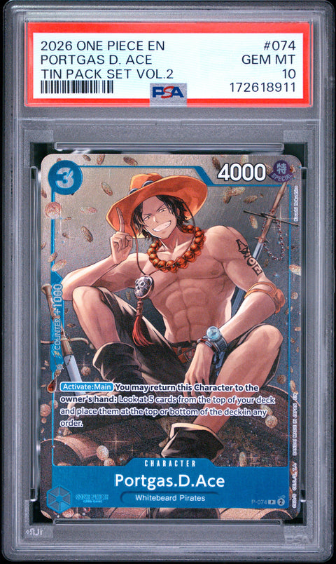 2026 ONE PIECE ONE PIECE PROMO PORTGAS D. ACE TIN PACK SET VOL.2 074 PSA 10
