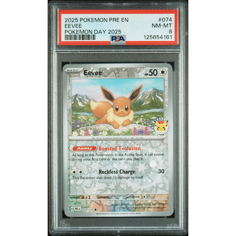 2025 POKEMON PRISMATIC EVOLUTIONS EEVEE 074/131 POKEMON DAY PSA 8