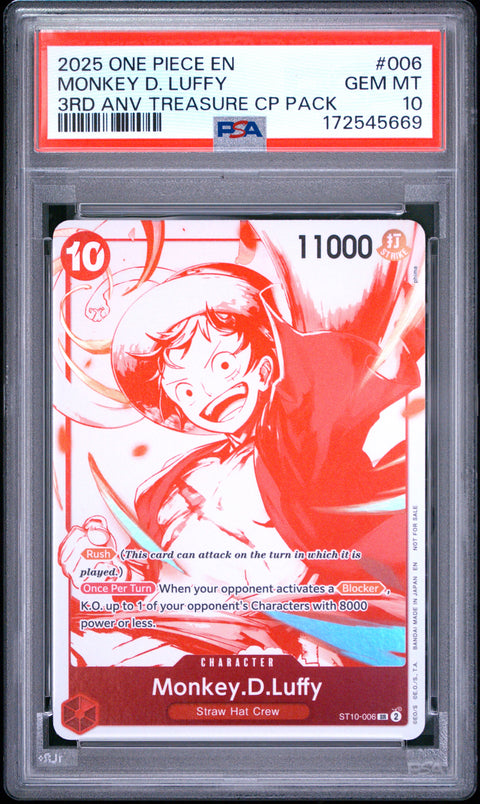 2025 ONE PIECE MONKEY D. LUFFY ST10-006 PSA 10