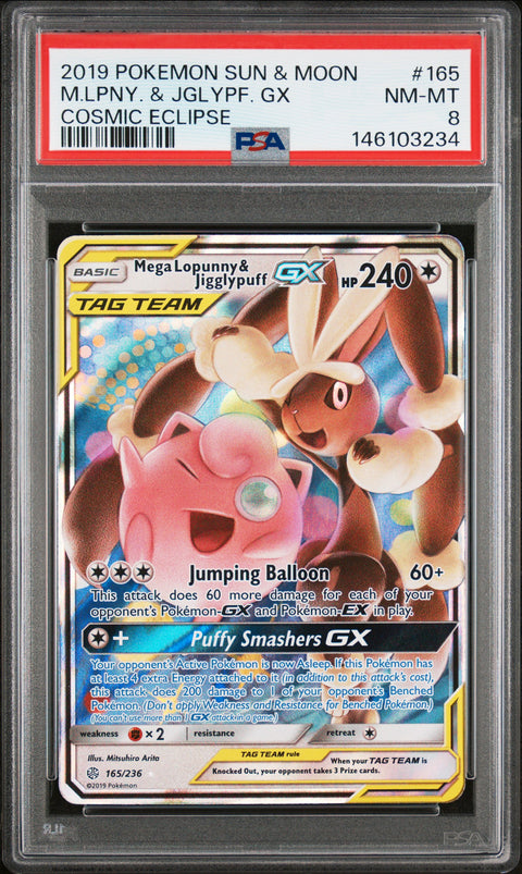 2019 POKEMON COSMIC ECLIPSE MEGA LOPUNNY & JIGGLYPUFF GX 165/236 PSA 8