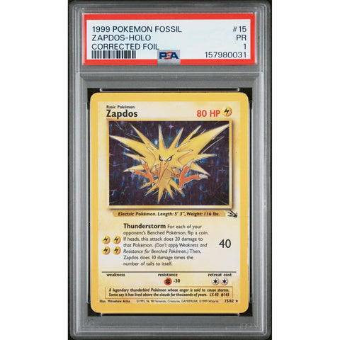 1999 POKEMON FOSSIL ZAPDOS HOLO CORRECTED FOIL 15/62 PSA 1