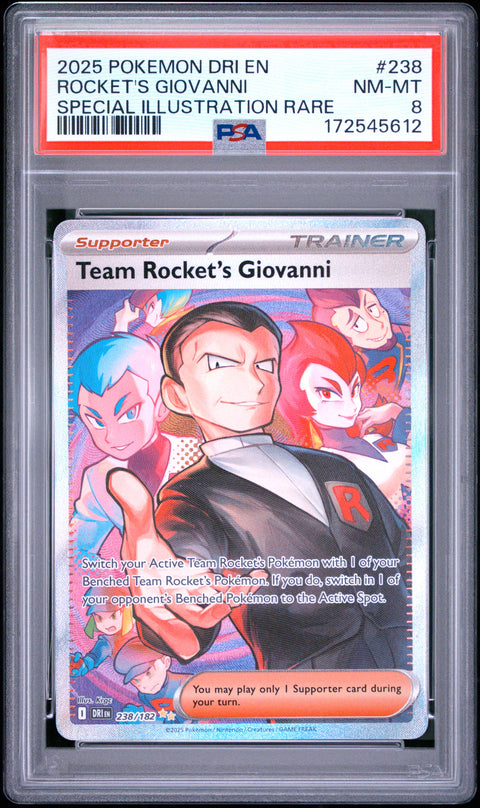 2025 POKEMON TEAM ROCKET'S GIOVANNI SPECIAL ILLUSTRATION RARE 238/182 PSA 8