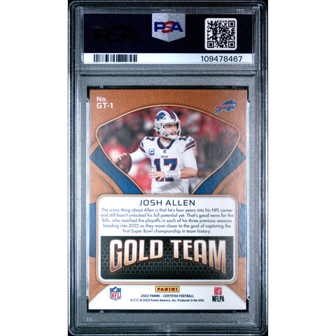 2022 SPORTS PANINI CERTIFIED FOOTBALL JOSH ALLEN GOLD TEAM GT1 PSA 9