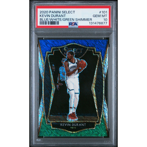 2020 PANINI PANINI SELECT KEVIN DURANT BLUE/WHITE/GREEN SHIMMER 101 02/025 PSA 10