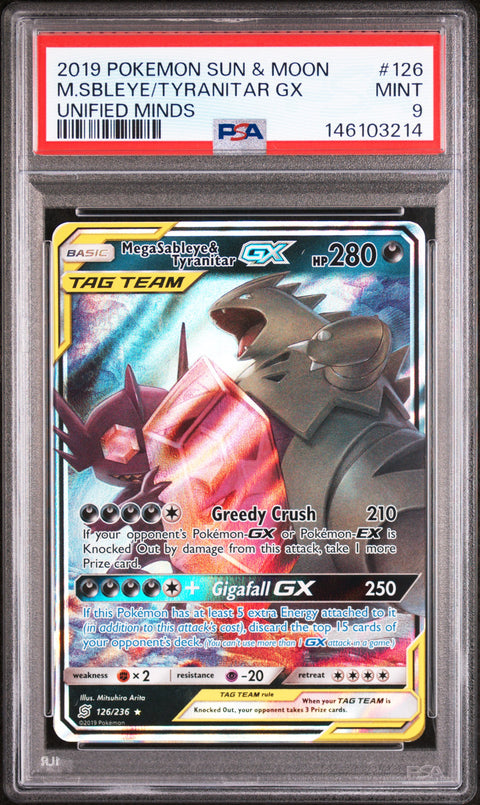 2019 POKEMON UNIFIED MINDS MEGA SABLEYE & TYRANITAR GX 126/236 PSA 9