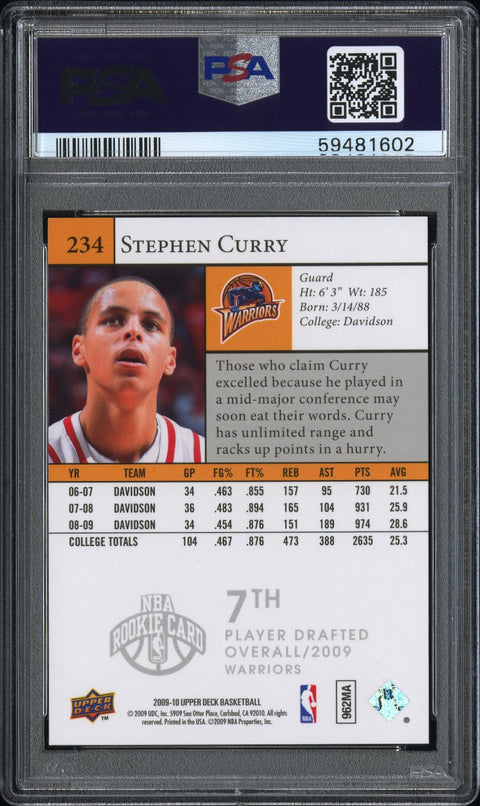 2009 UPPER DECK UPPER DECK STEPHEN CURRY 234 PSA 8