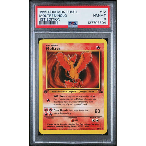 1999 POKEMON FOSSIL MOLTRES HOLO 1ST EDITION 12/62 PSA 8