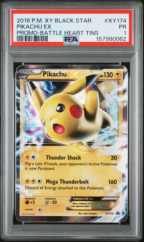 2016 POKEMON BLACK STAR PROMO PIKACHU EX BATTLE HEART TINS XY174 PSA 1