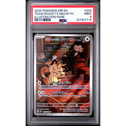 2025 POKEMON TEAM ROCKET'S MEOWTH ILLUSTRATION RARE 203/182 PSA 9