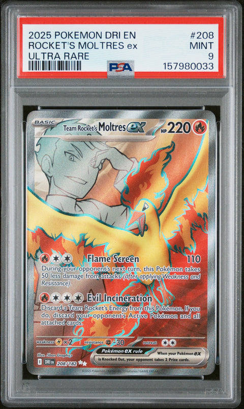 2025 POKEMON TEAM ROCKET'S MOLTRES EX ULTRA RARE 208/182 PSA 9