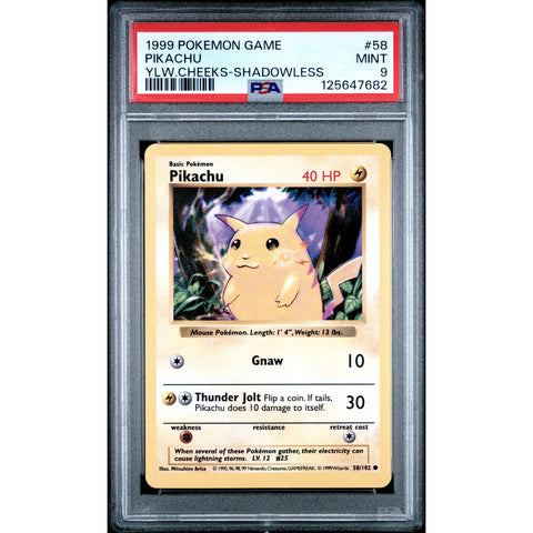 1999 POKEMON GAME PIKACHU SHADOWLESS 58/102 PSA 9