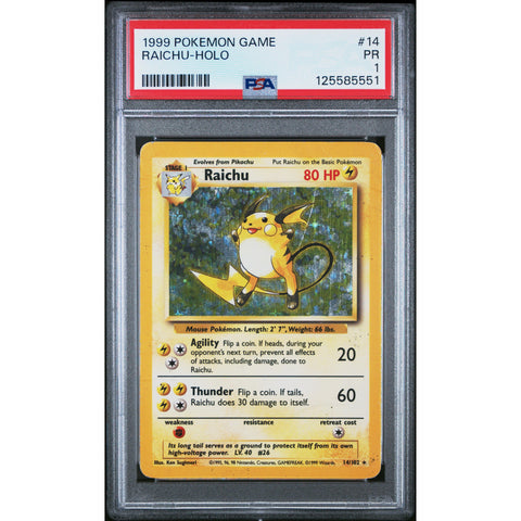 1999 POKEMON BASE SET RAICHU HOLO 14/102 PSA 1