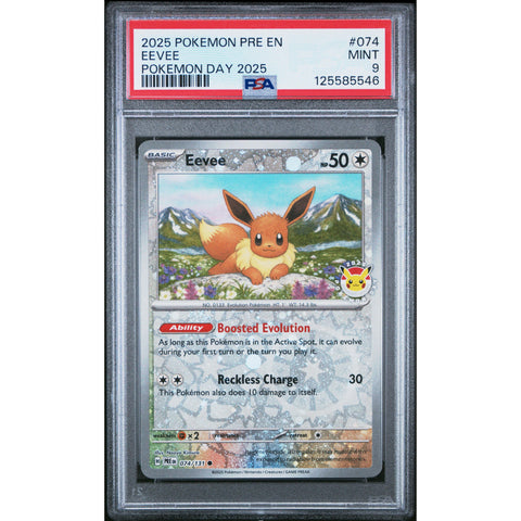 2025 POKEMON PRISMATIC EVOLUTIONS EEVEE 074/131 POKEMON DAY PSA 9