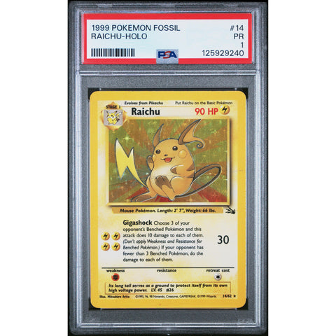 1999 POKEMON FOSSIL RAICHU HOLO 14/62 PSA 1