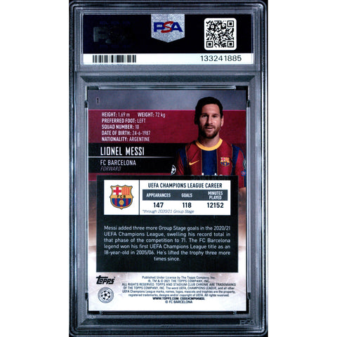 2020 TOPPS STADIUM CLUB CHROME UEFA CHAMPIONS LEAGUE LIONEL MESSI 1 PSA 10